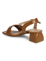 Tan Patent Woven Low Block Heels