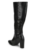Black Croc Block Heel Knee High Boots