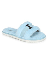 Blue Fuzzy Fur Slip Ons With Buckle (TC-ST-1167-BLU)