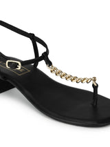 Black PU Low Block Heel Sandals With Gold Chain (TP28051-BLK)