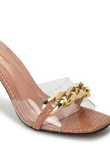 Nude Patent Snake Gold Chained Stiletto Mules