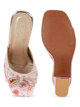Pink PU Floral Diamante Bow Block Heel Mules (TC-SLC-R550-PNK)