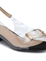 Black Buckled Back Ankle Strap Low Heel Sandals