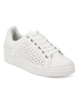 White PU Textured Lace-Up Sneakers