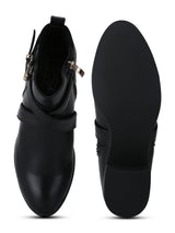 Black PU Low Block Heel Buckled Ankle Length Boots