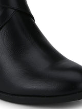 Black PU Low Block Heel Buckled Ankle Length Boots
