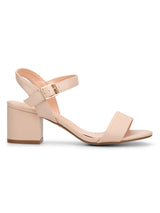 Nude PU Ankle Strap Low Block Heels