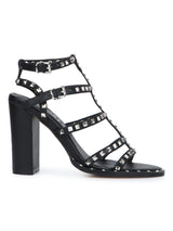 Black Stud Detail Ankle Strap Block Heel Sandals