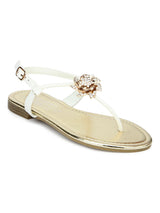 White Rose Embellished Ankle Strap Flat Sandals