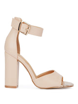 Nude PU Ankle Strap Block Heels