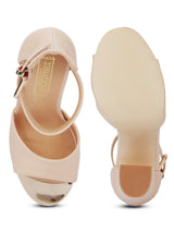 Nude PU Ankle Strap Block Heels