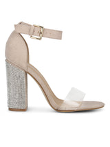 Nude Patent PU Perspex Diamante Block Heels