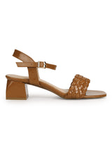 Tan Patent Woven Low Block Heels