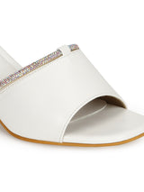White PU Diamante Embellished Block Heel Mules (TC-SLC-N1117-WHT)