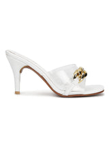 White Patent Snake Gold Chained Stiletto Mules