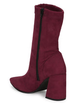 Burgundy Suede Pointed Toe Sock Mid Calf Boots