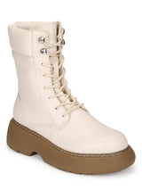 Putty Beige PU High Ankle Combat Boots