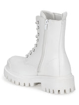 White PU Lace Up Combat Ankle Boots