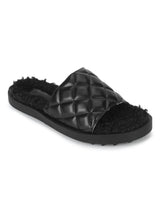 Black PU Faux Fur Quilted Slip Ons (TC-RLST7-BLK)