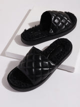 Black PU Faux Fur Quilted Slip Ons (TC-RLST7-BLK)