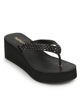 Black PU Shimmer Knitted Strap Slip On Wedges