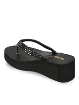 Black PU Shimmer Knitted Strap Slip On Wedges