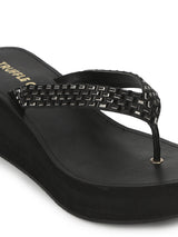 Black PU Shimmer Knitted Strap Slip On Wedges