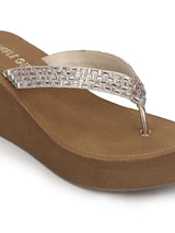 Rose Gold Shimmer Knitted Strap Slip On Wedges