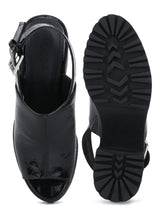 Black Croc Pat Peep Toe Block Heels