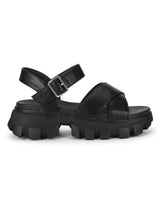 Black PU Cleated Bottom Chunky Sandals With Buckle