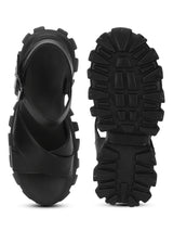 Black PU Cleated Bottom Chunky Sandals With Buckle