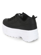 Black PU Cleated Bottom Flatform Lace-Up Sneakers