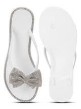 White PVC Diamante Bow Slip On Flats