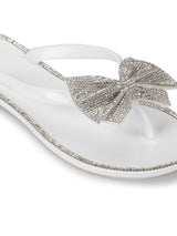 White PVC Diamante Bow Slip On Flats