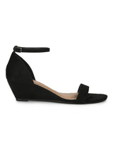 Black Suede Low Heel Wedges With Ankle Strap