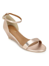 Rosegold PU Low Heel Wedges With Ankle Strap