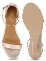 Rosegold PU Low Heel Wedges With Ankle Strap