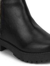 Black PU Gold Zip Low Heel Ankle Boots