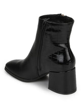 Black PU Gold Zip Block Heel Ankle Boots