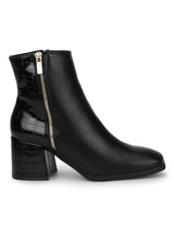 Black PU Gold Zip Block Heel Ankle Boots