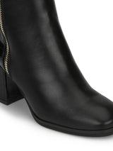 Black PU Gold Zip Block Heel Ankle Boots