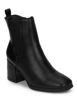 Black Croc PU Slip On Block Heel Ankle Boots