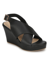 Black PU Wedges With Crossover Straps