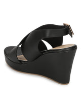 Black PU Wedges With Crossover Straps