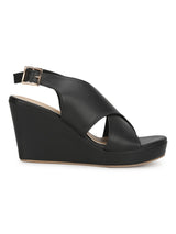 Black PU Wedges With Crossover Straps