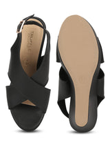 Black PU Wedges With Crossover Straps