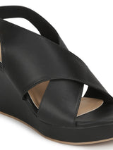 Black PU Wedges With Crossover Straps