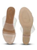 Nude Patent Slip Ons With Clear Straps