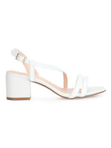 White PU Double Strap Low Block Heels