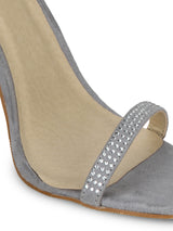 Grey Mircrofibre Diamante Ankle Strap Stiletto Heels